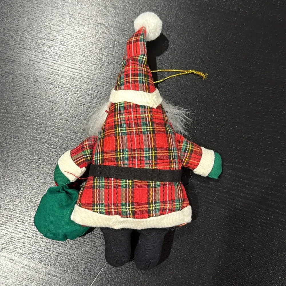 Vintage Plush Ornament Plaid Santa Claus Holiday Tree Decoration Decor